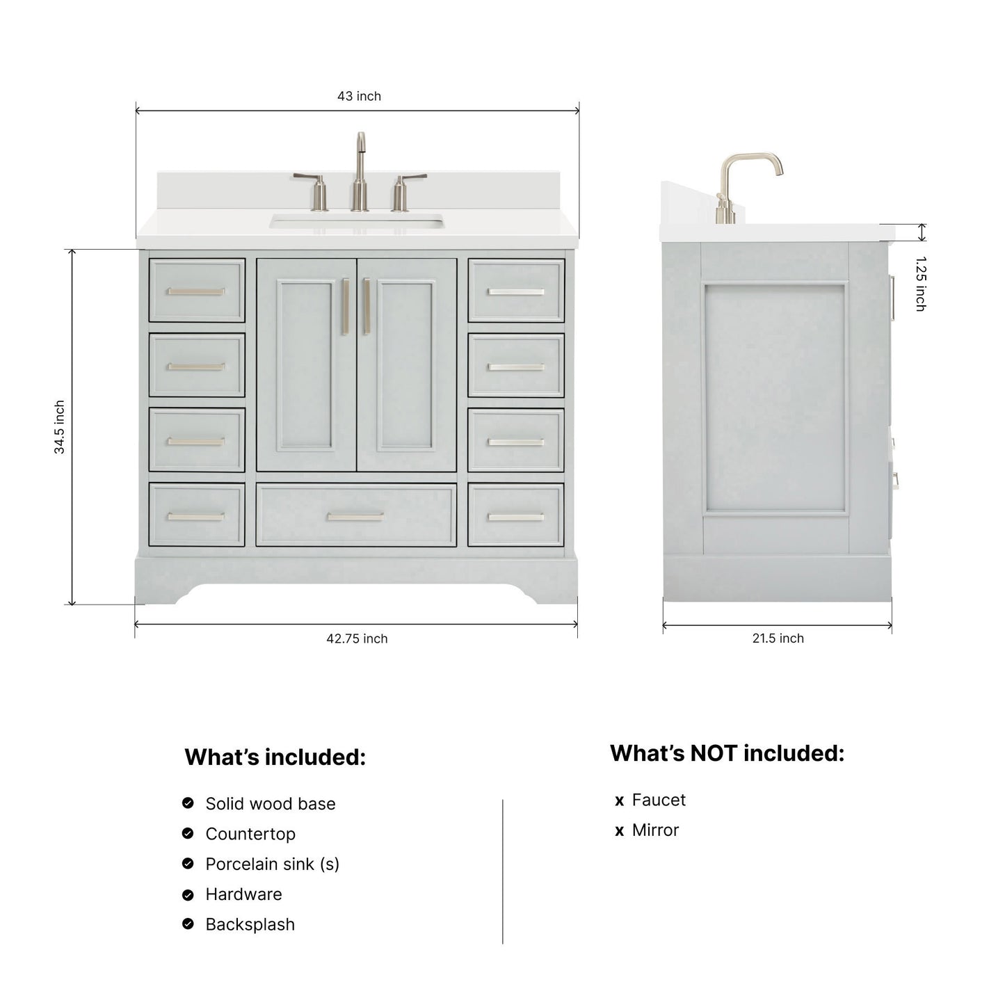 Langford 42-inch Grey bathroom vanity on dimensions