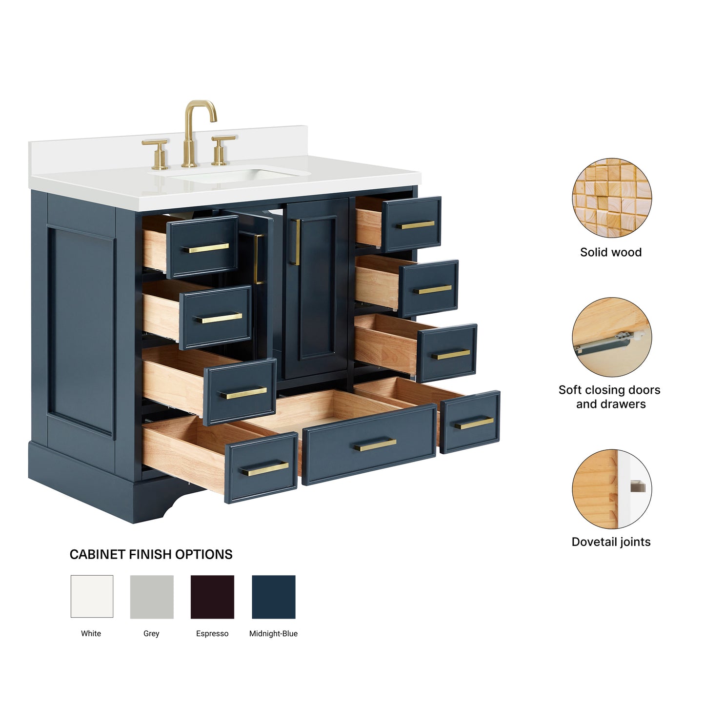 Langford 42-inch Midnight Blue bathroom vanity on feature highlights: solid wood frame, soft-close doors and drawers, Sherwin-Williams paint finish