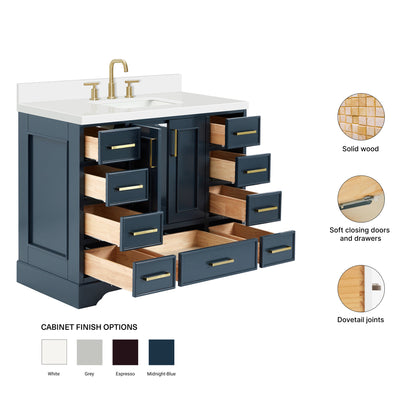 Langford 42-inch Midnight Blue bathroom vanity on feature highlights: solid wood frame, soft-close doors and drawers, Sherwin-Williams paint finish