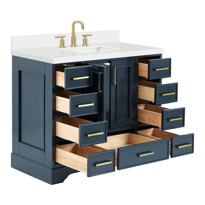 Langford 42-inch Midnight Blue bathroom vanity on white back ground side view open door