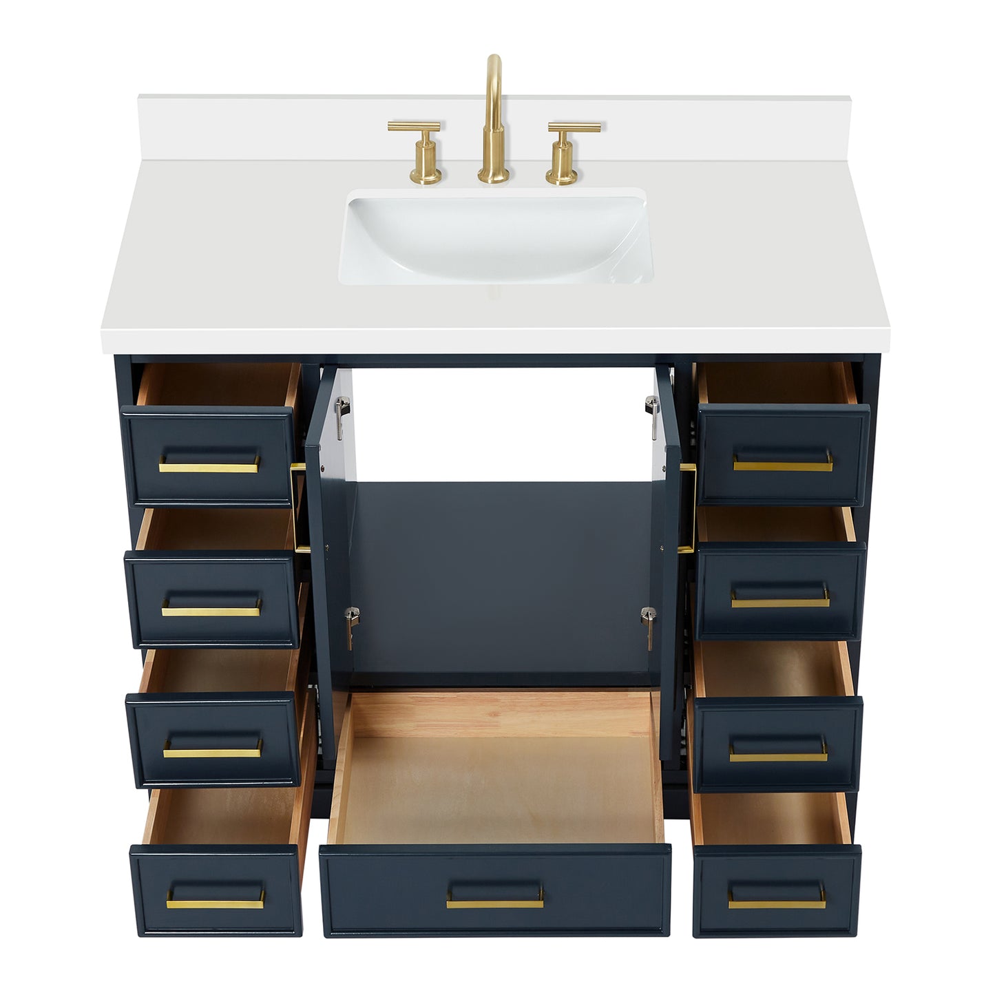 Langford 42-inch Midnight Blue bathroom vanity on white back ground front view open door