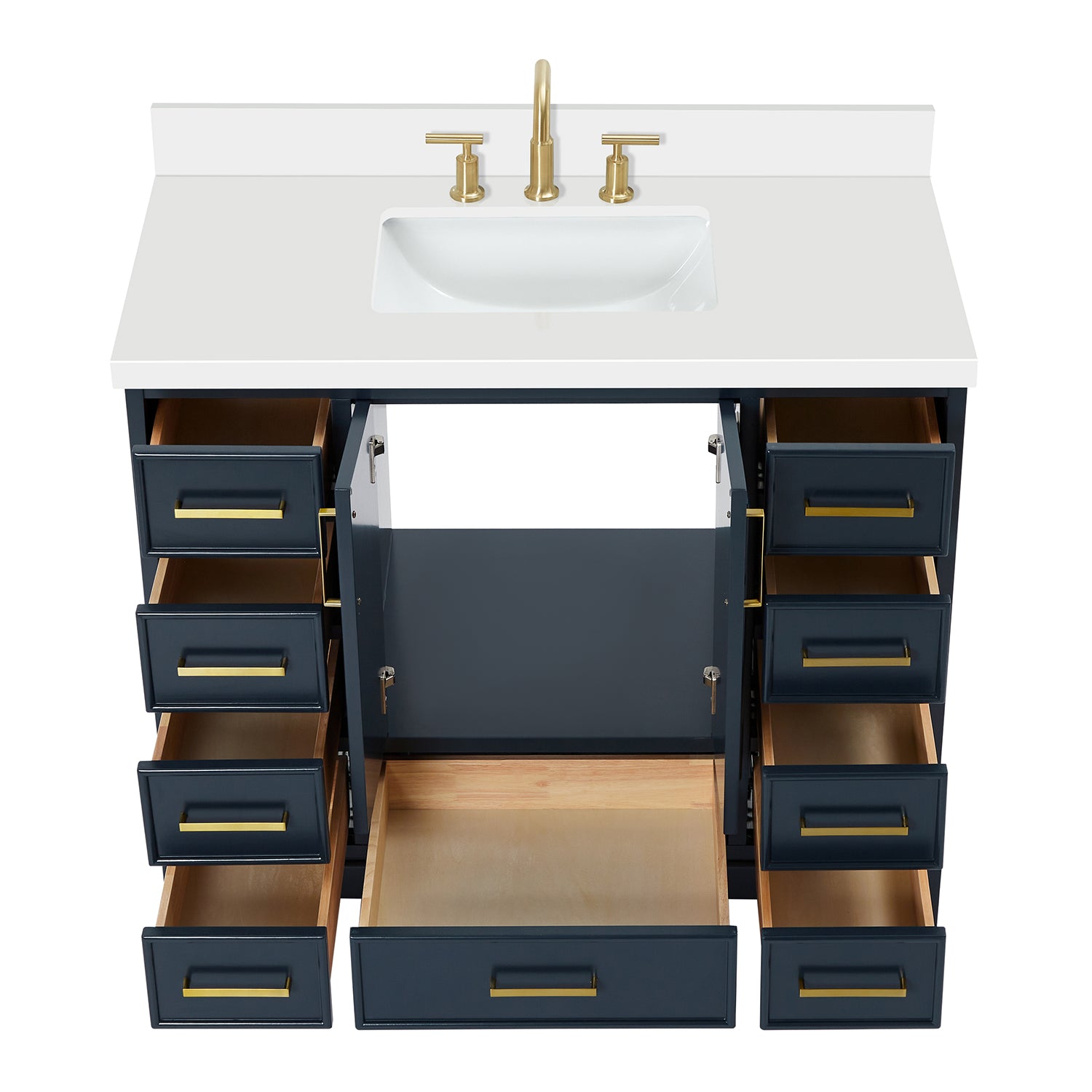 Langford 42-inch Midnight Blue bathroom vanity on white back ground front view open door