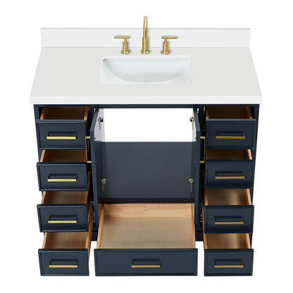 Langford 42-inch Midnight Blue bathroom vanity on white back ground front view open door
