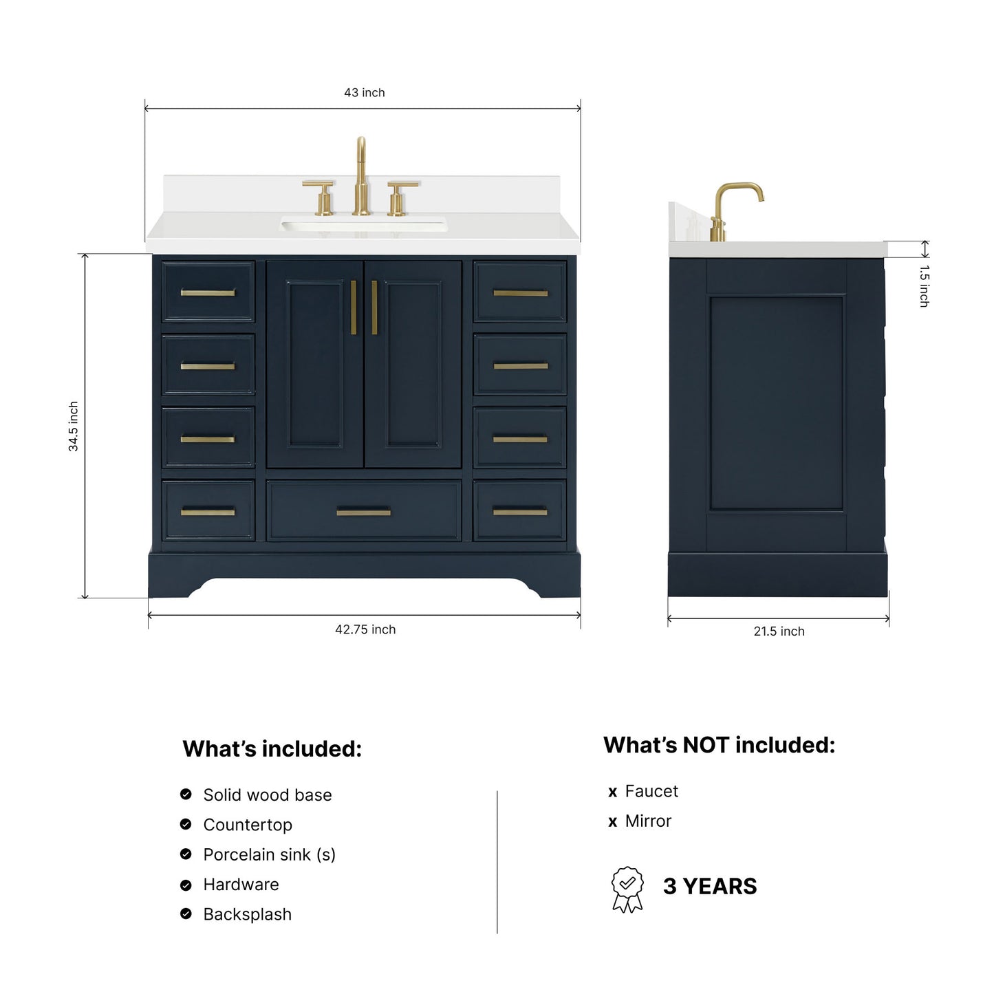 Langford 42-inch Midnight Blue bathroom vanity on dimensions