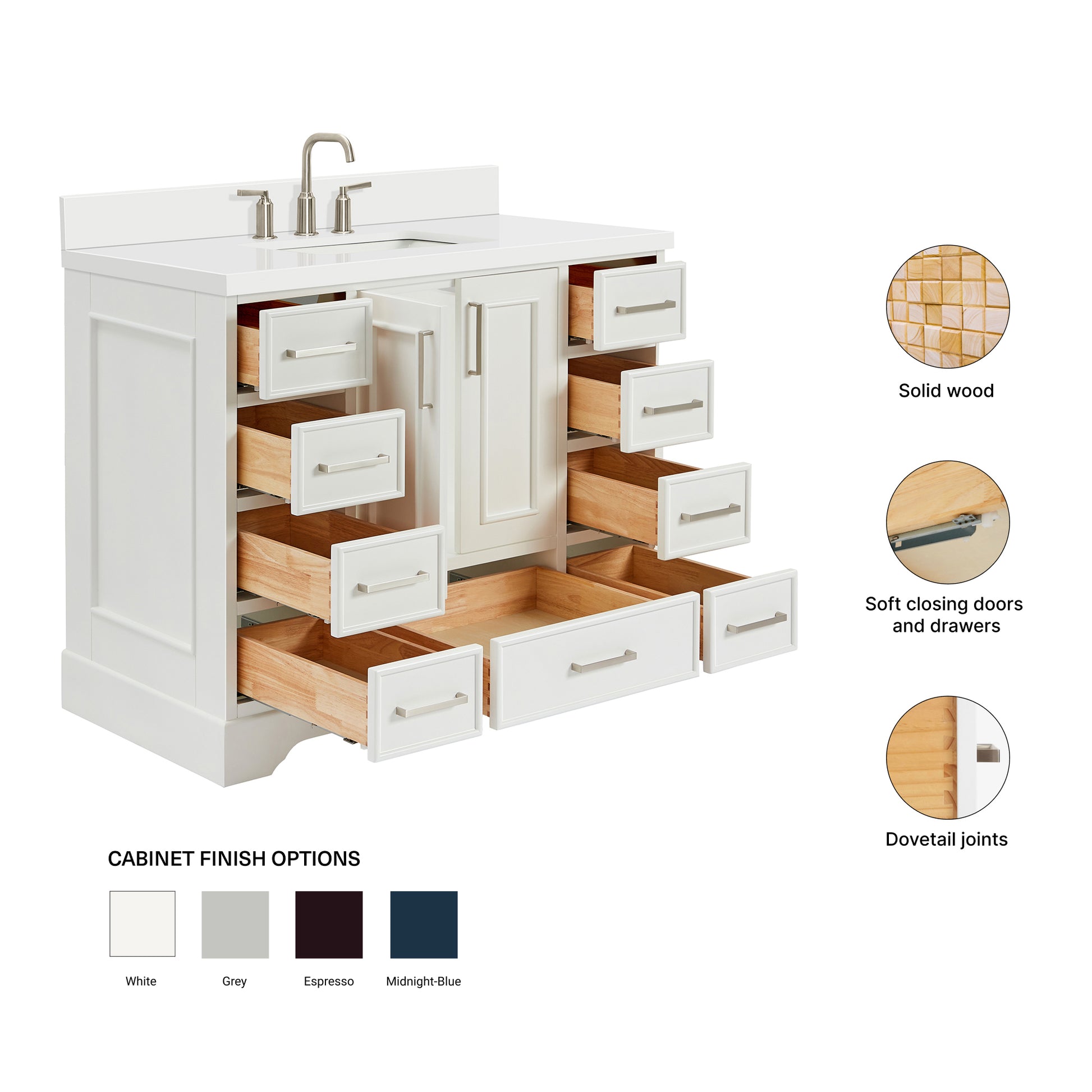 Langford 42-inch White bathroom vanity on feature highlights: solid wood frame, soft-close doors and drawers, Sherwin-Williams paint finish