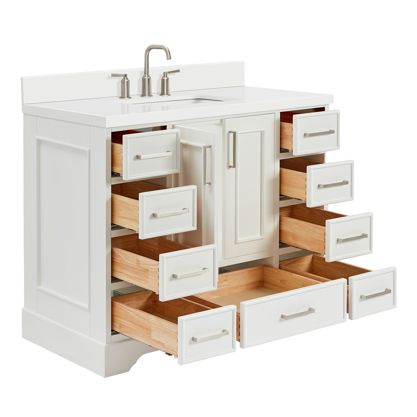 Langford 42-inch White bathroom vanity on white back ground side view open door