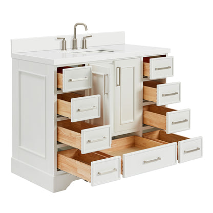 Langford 42-inch White bathroom vanity on white back ground side view open door