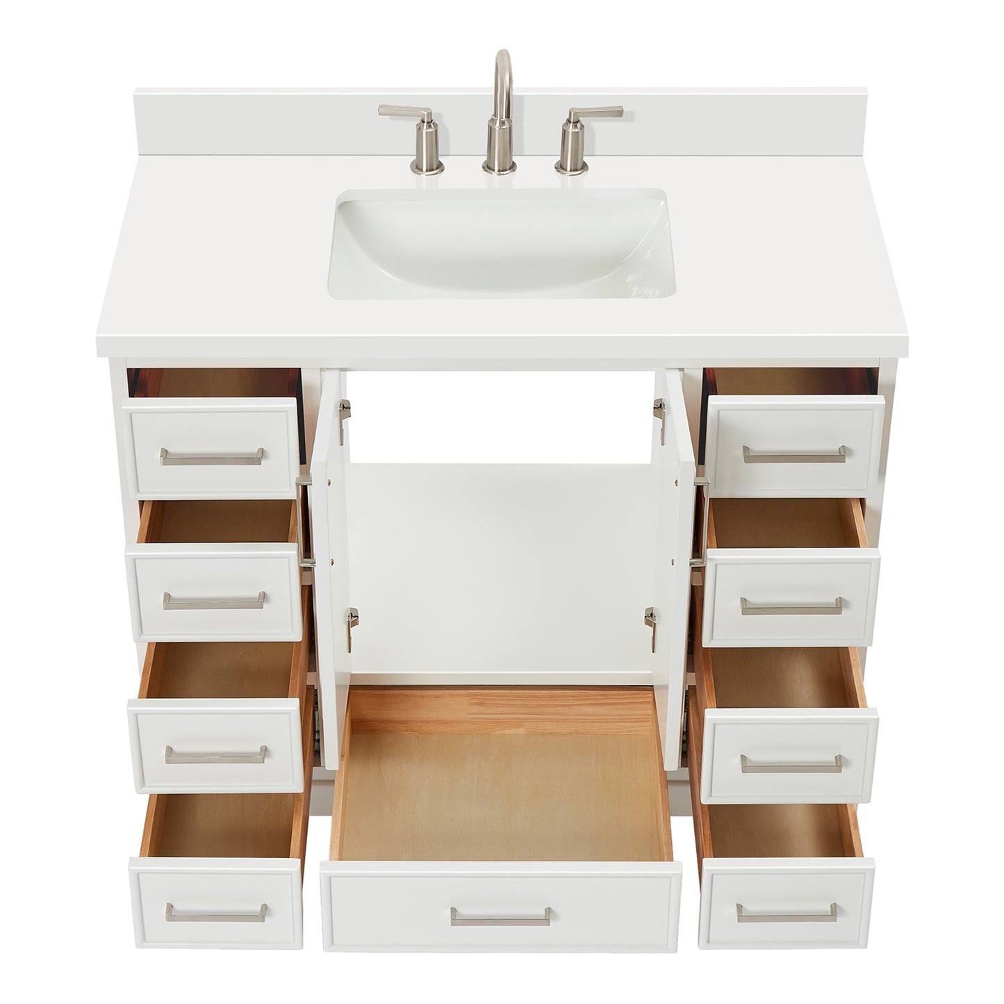 Langford 42-inch White bathroom vanity on white back ground front view open door