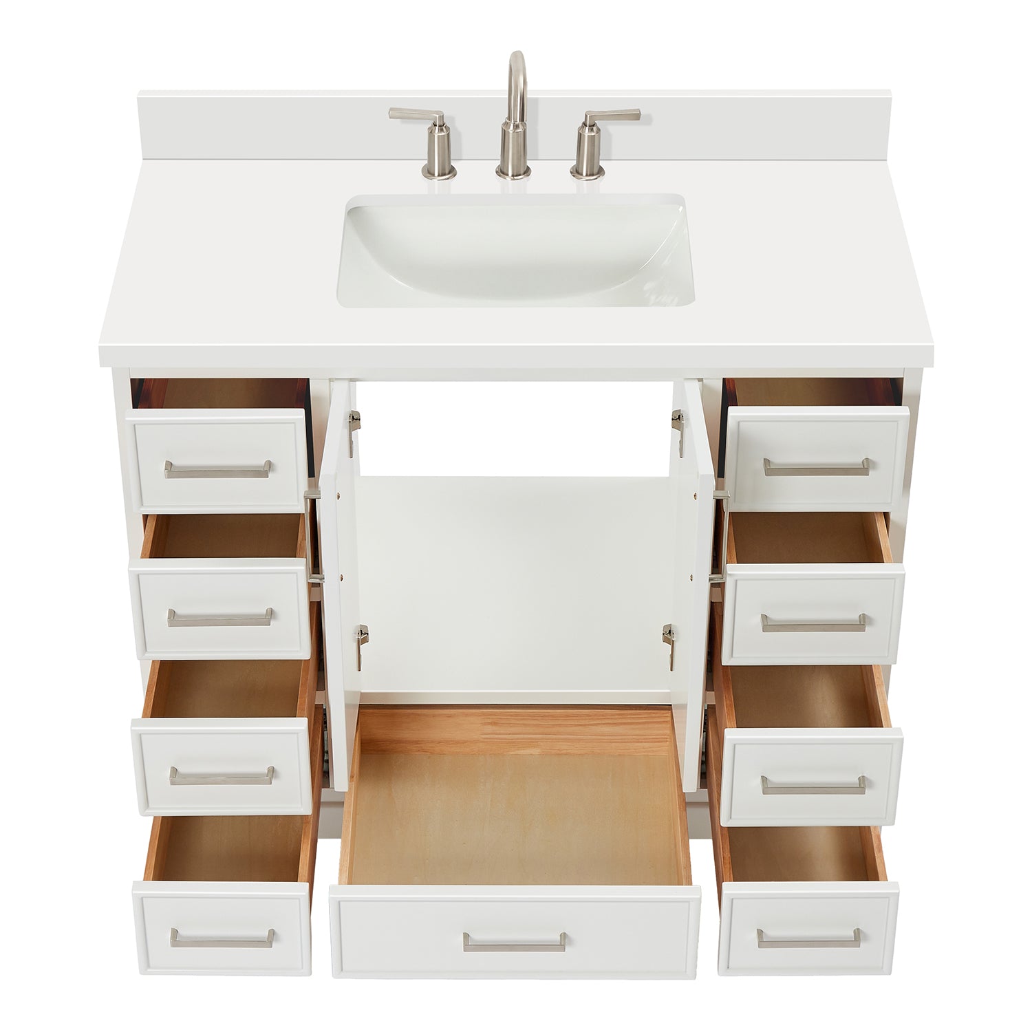 Langford 42-inch White bathroom vanity on white back ground front view open door