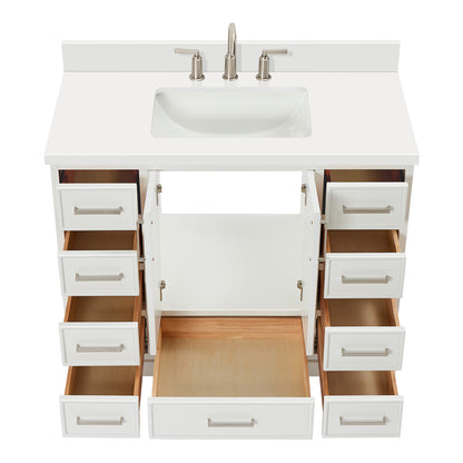 Langford 42-inch White bathroom vanity on white back ground front view open door