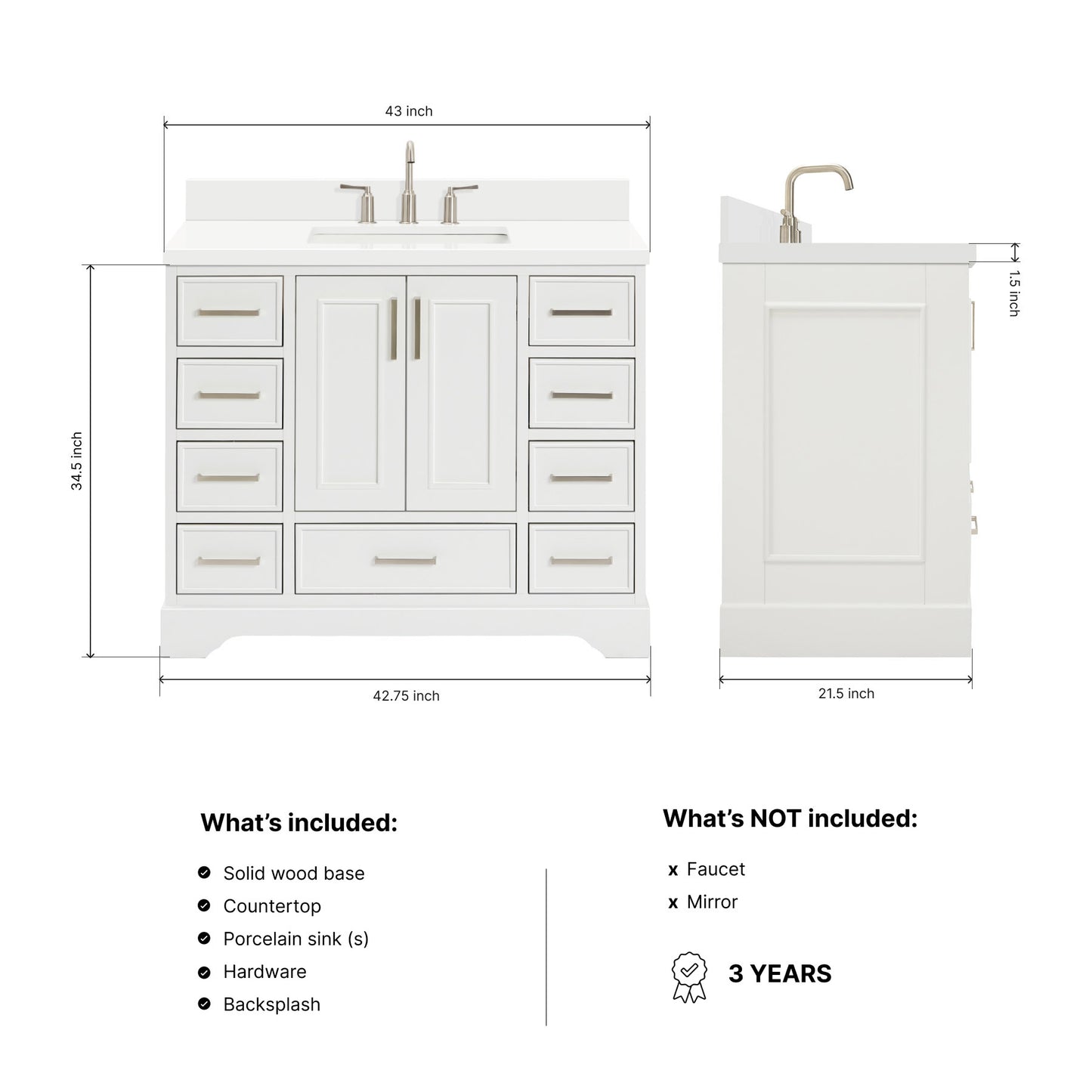 Langford 42-inch White bathroom vanity on dimensions