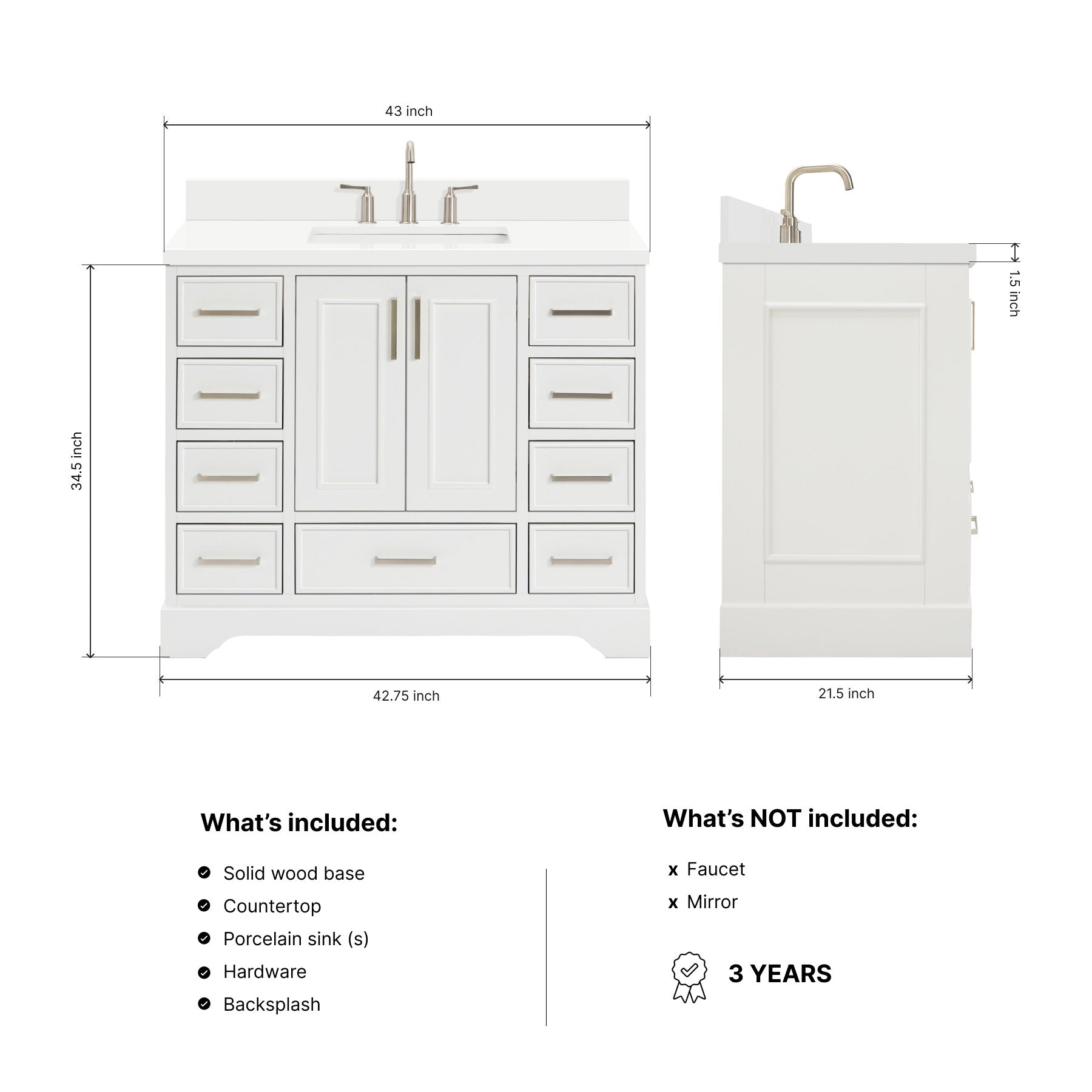 Langford 42-inch White bathroom vanity on dimensions