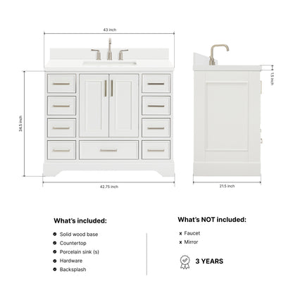 Langford 42-inch White bathroom vanity on dimensions