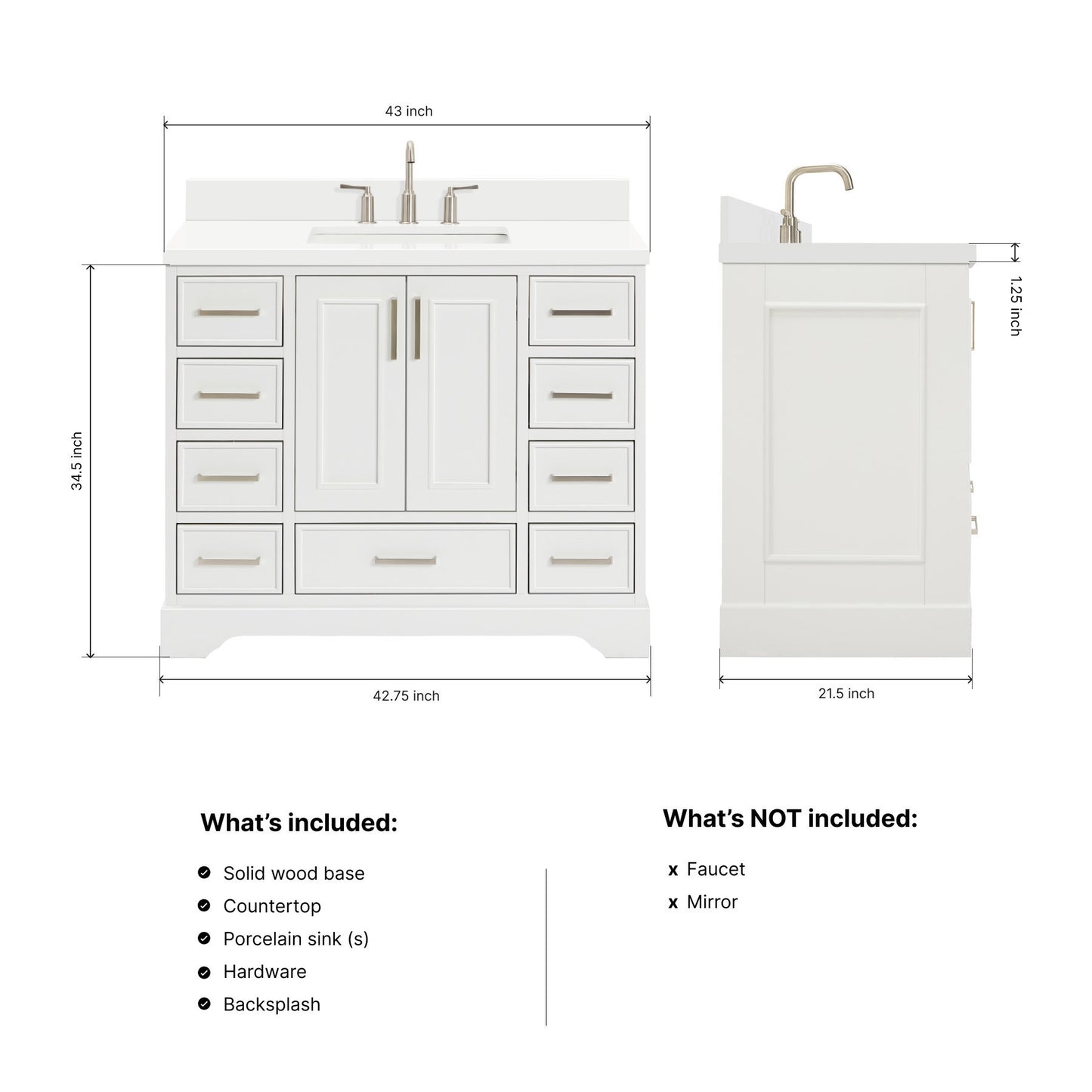 Langford 42-inch White bathroom vanity on dimensions