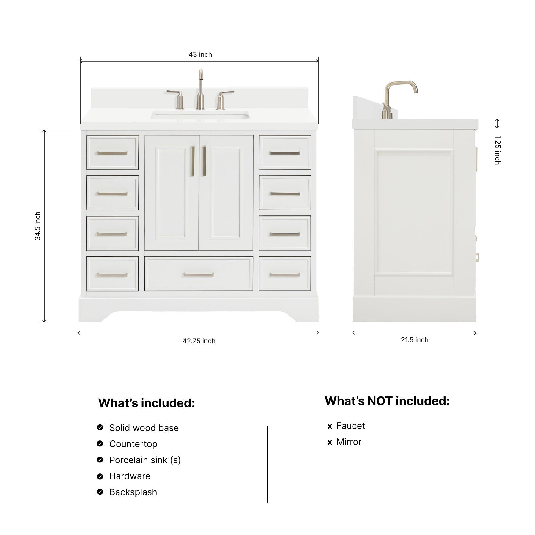 Langford 42-inch White bathroom vanity on dimensions