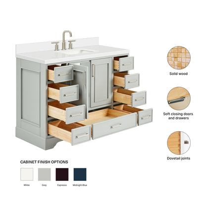 Langford 48-inch Grey bathroom vanity on feature highlights: solid wood frame, soft-close doors and drawers, Sherwin-Williams paint finish