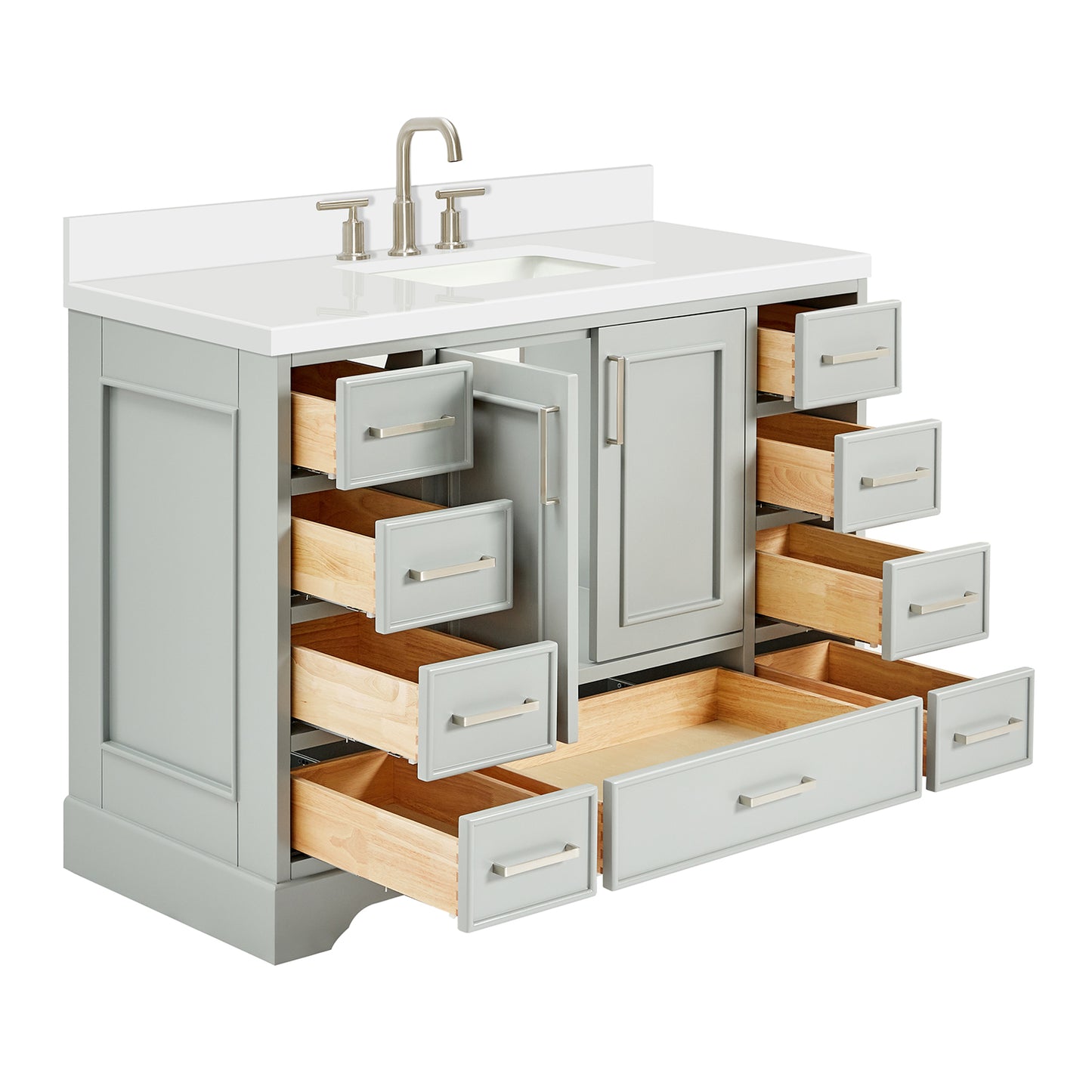 Langford 48-inch Grey bathroom vanity on white back ground side view open door