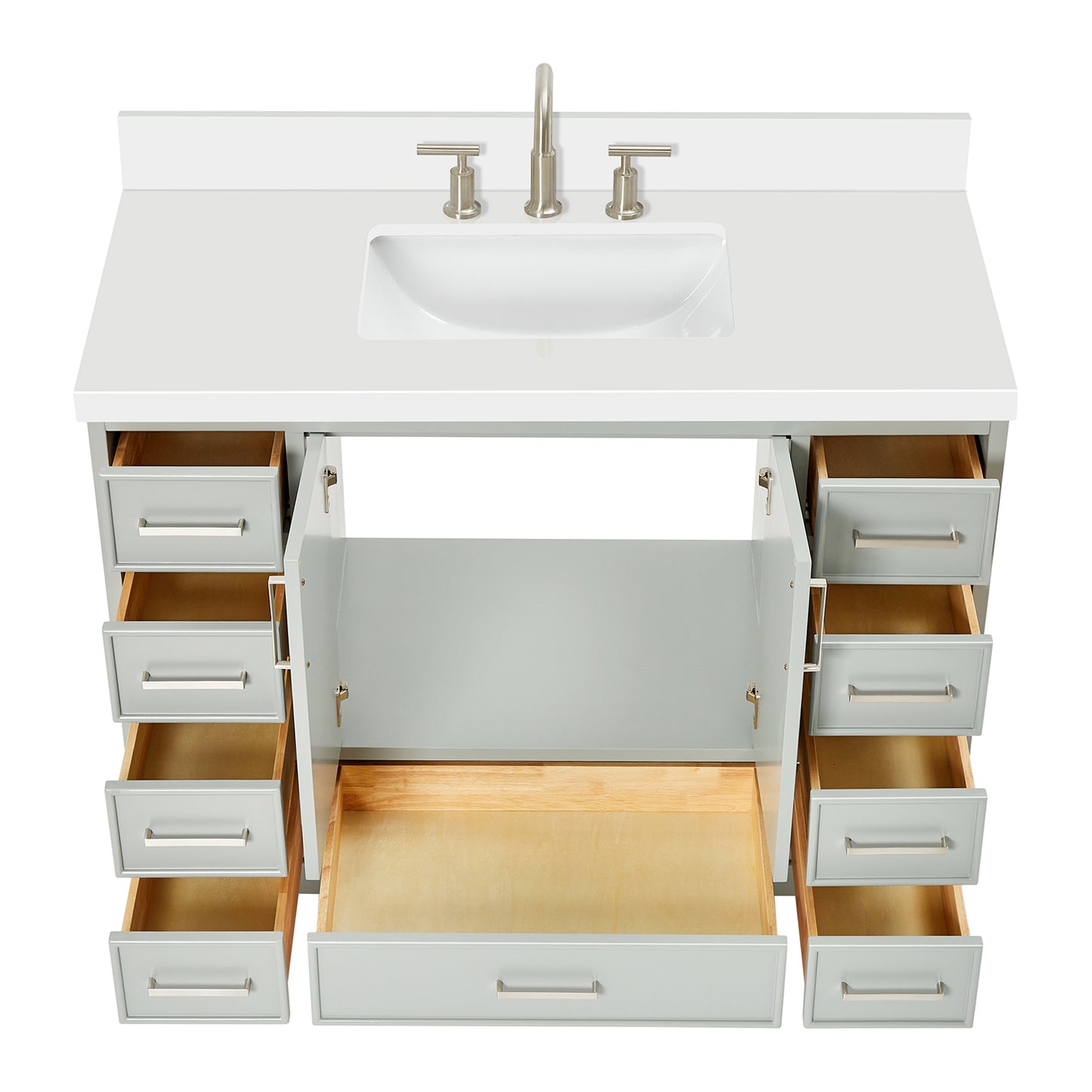 Langford 48-inch Grey bathroom vanity on white back ground front view open door