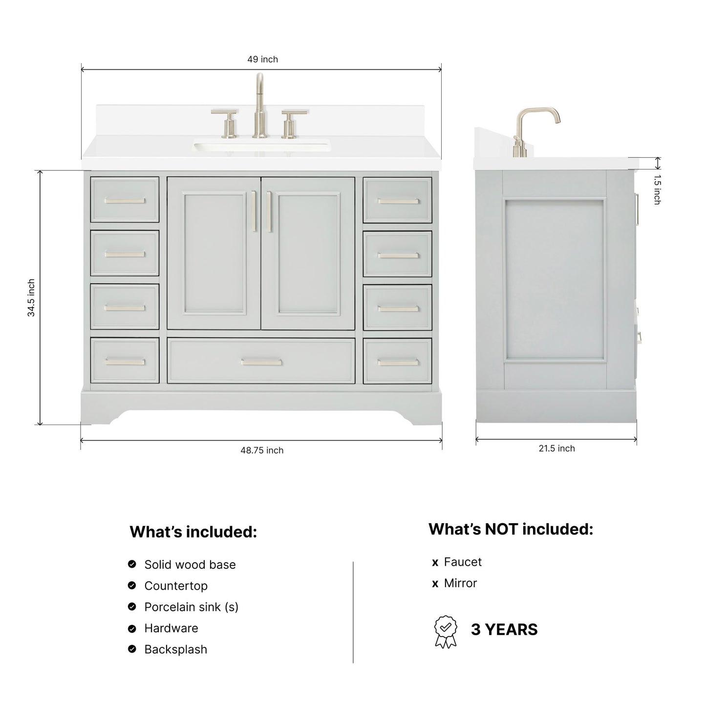 Langford 48-inch Grey bathroom vanity on dimensions