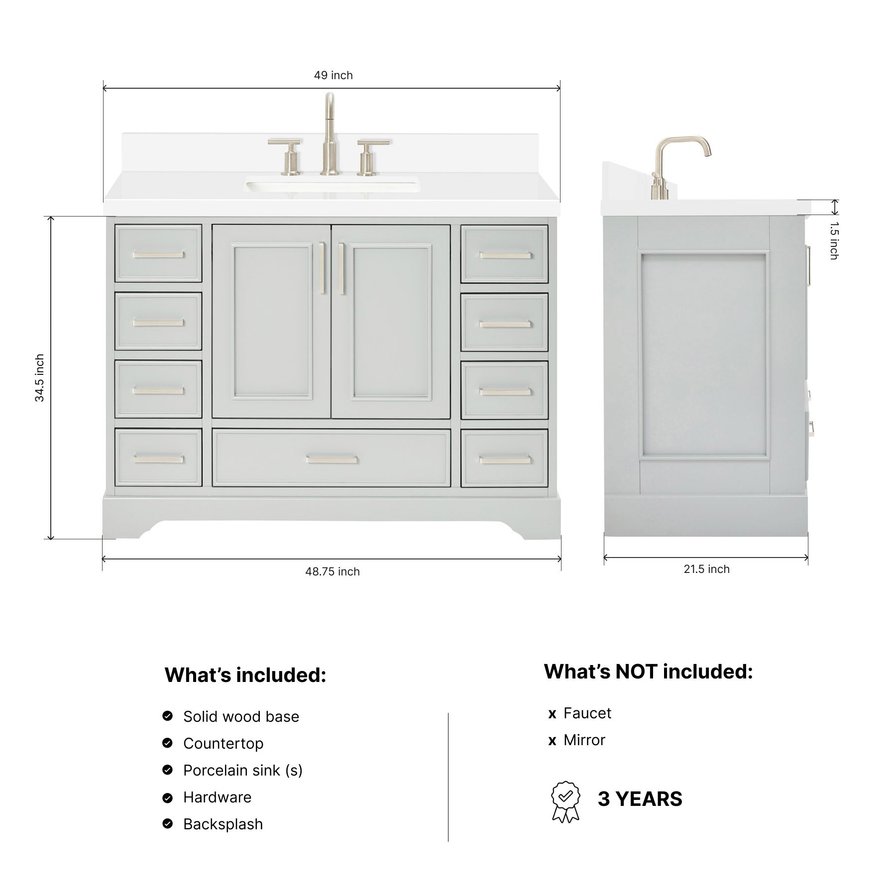 Langford 48-inch Grey bathroom vanity on dimensions