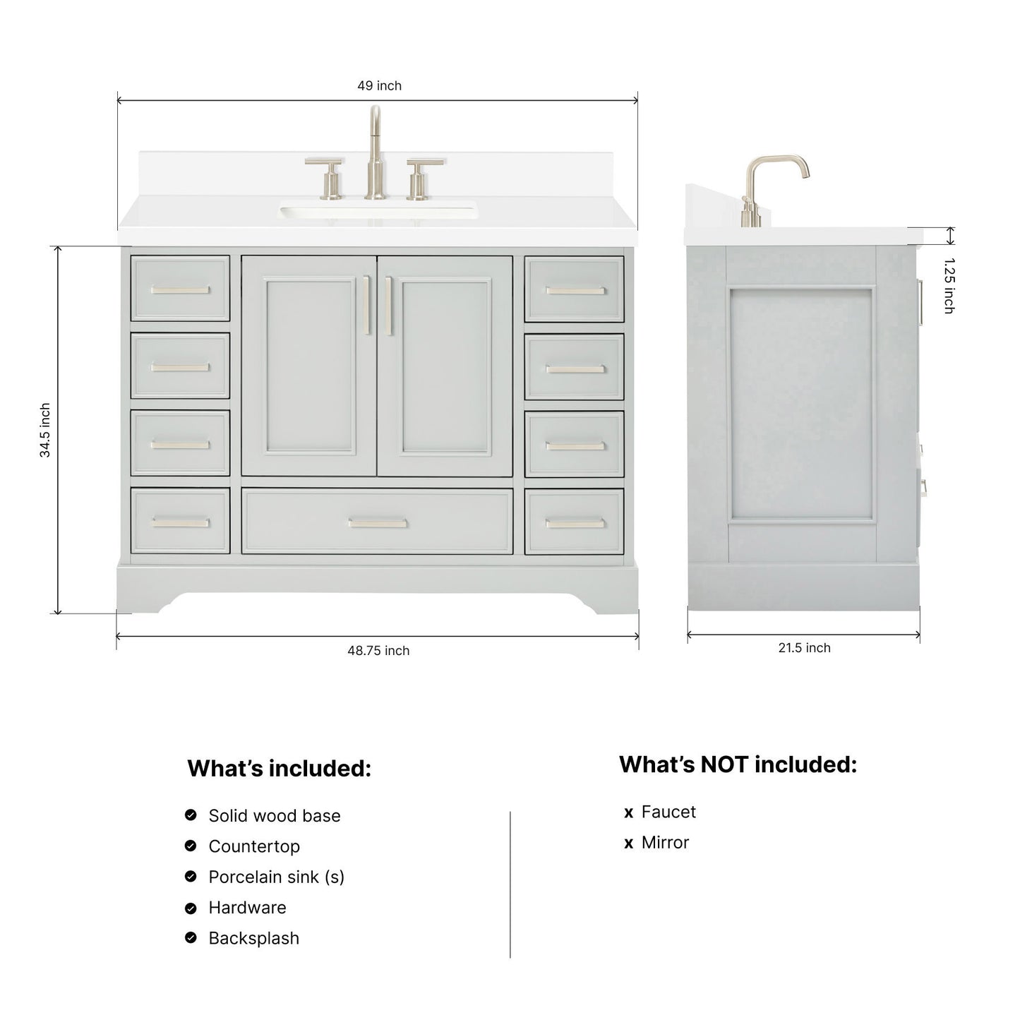 Langford 48-inch Grey bathroom vanity on dimensions