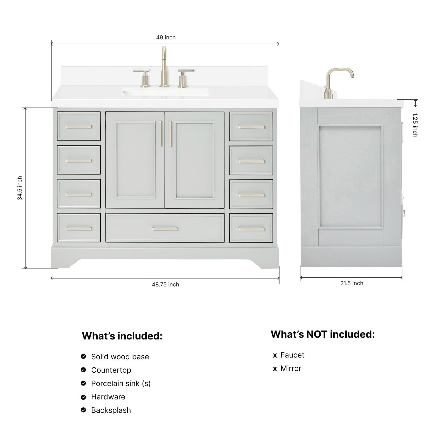 Langford 48-inch Grey bathroom vanity on dimensions