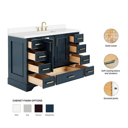 Langford 48-inch Midnight Blue bathroom vanity on feature highlights: solid wood frame, soft-close doors and drawers, Sherwin-Williams paint finish