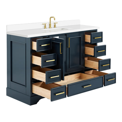 Langford 48-inch Midnight Blue bathroom vanity on white back ground side view open door