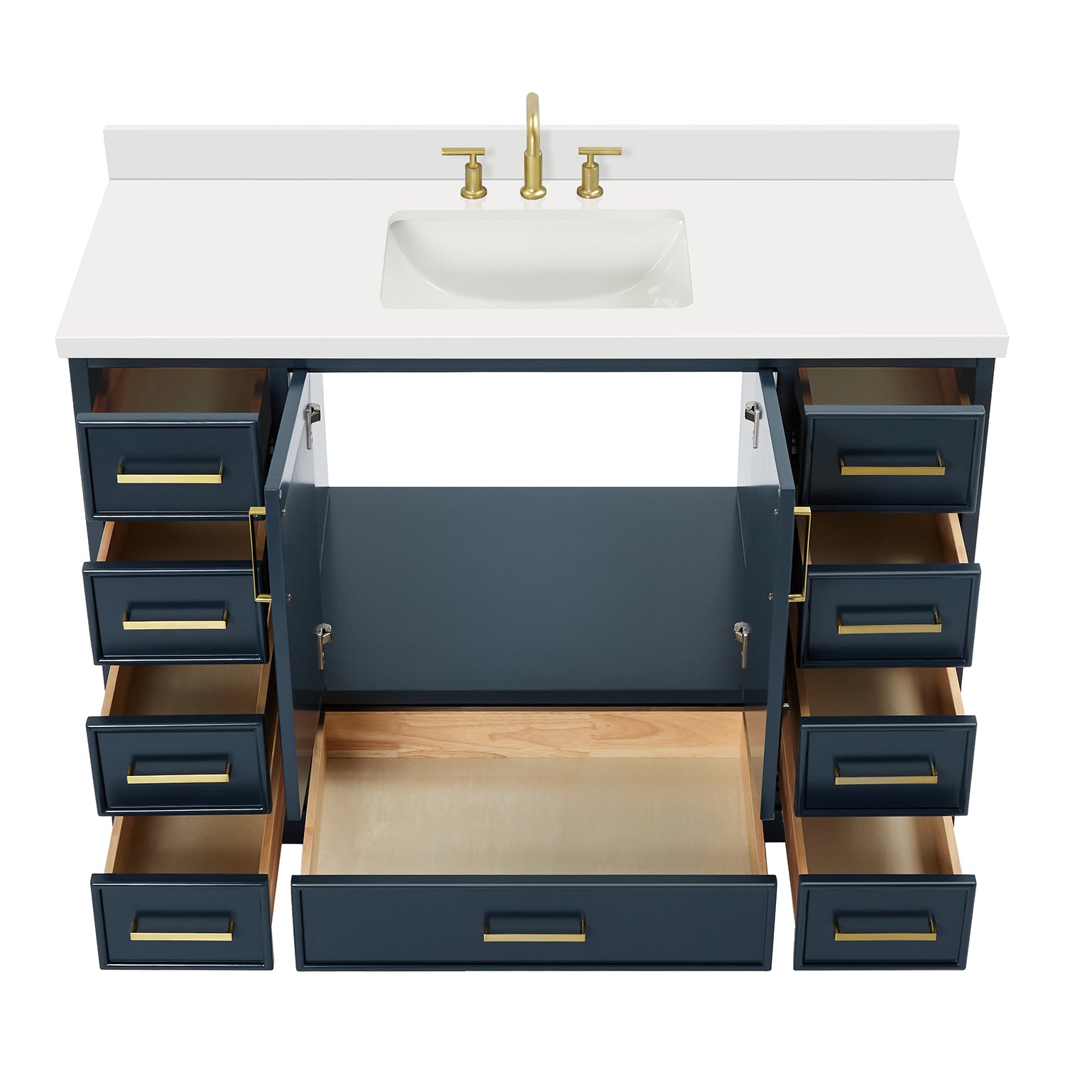 Langford 48-inch Midnight Blue bathroom vanity on white back ground front view open door