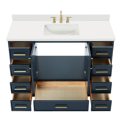 Langford 48-inch Midnight Blue bathroom vanity on white back ground front view open door