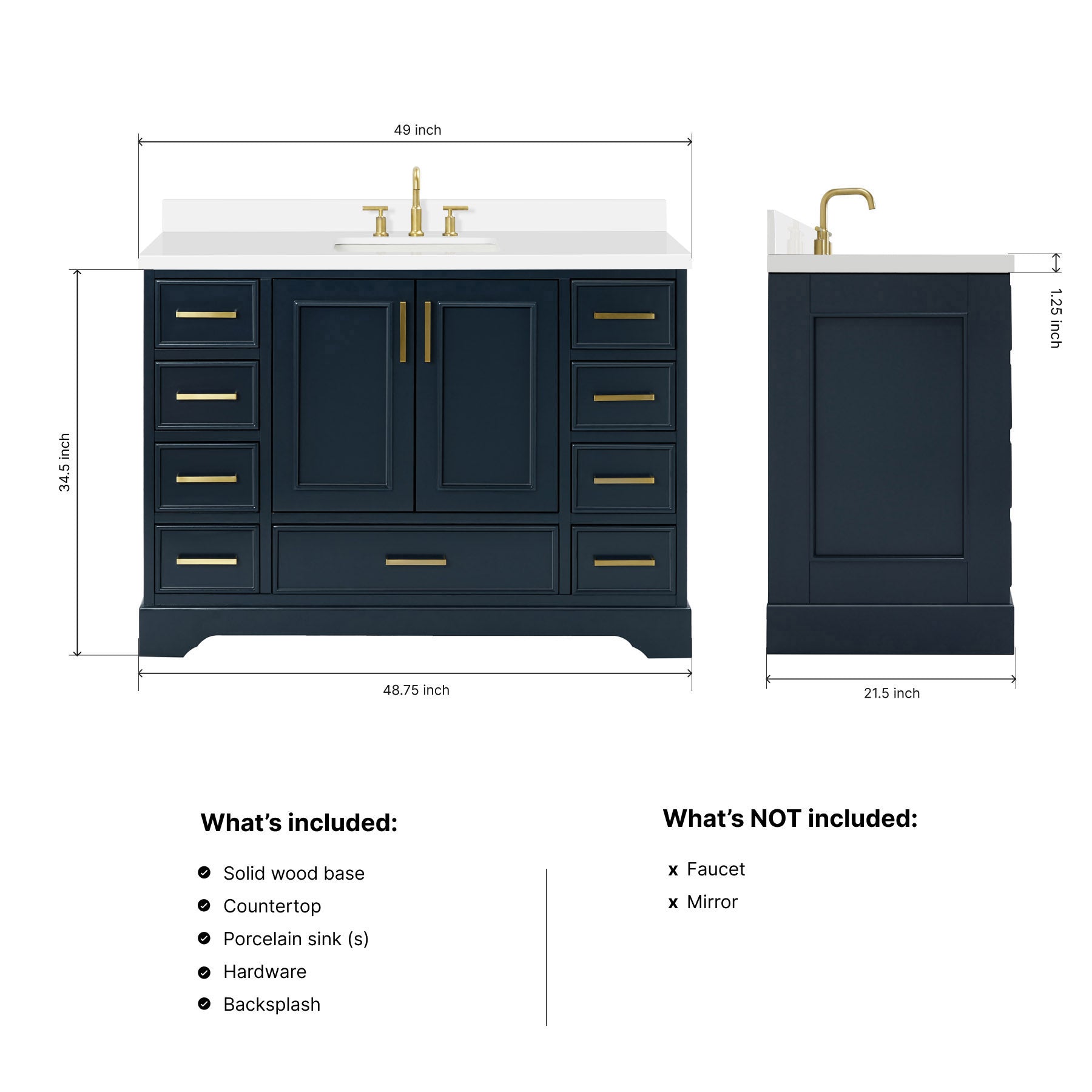 Langford 48-inch Midnight Blue bathroom vanity on dimensions