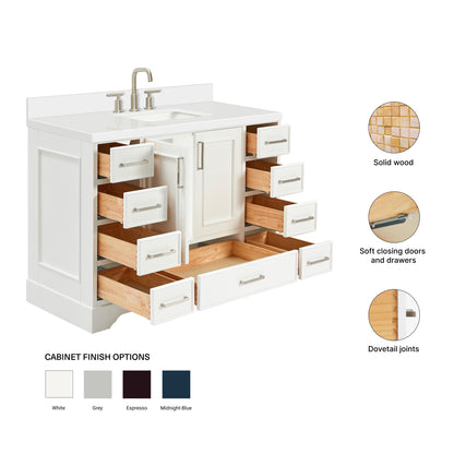 Langford 48-inch White bathroom vanity on feature highlights: solid wood frame, soft-close doors and drawers, Sherwin-Williams paint finish