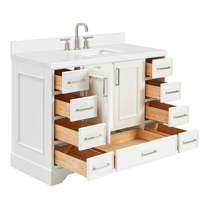 Langford 48-inch White bathroom vanity on white back ground side view open door