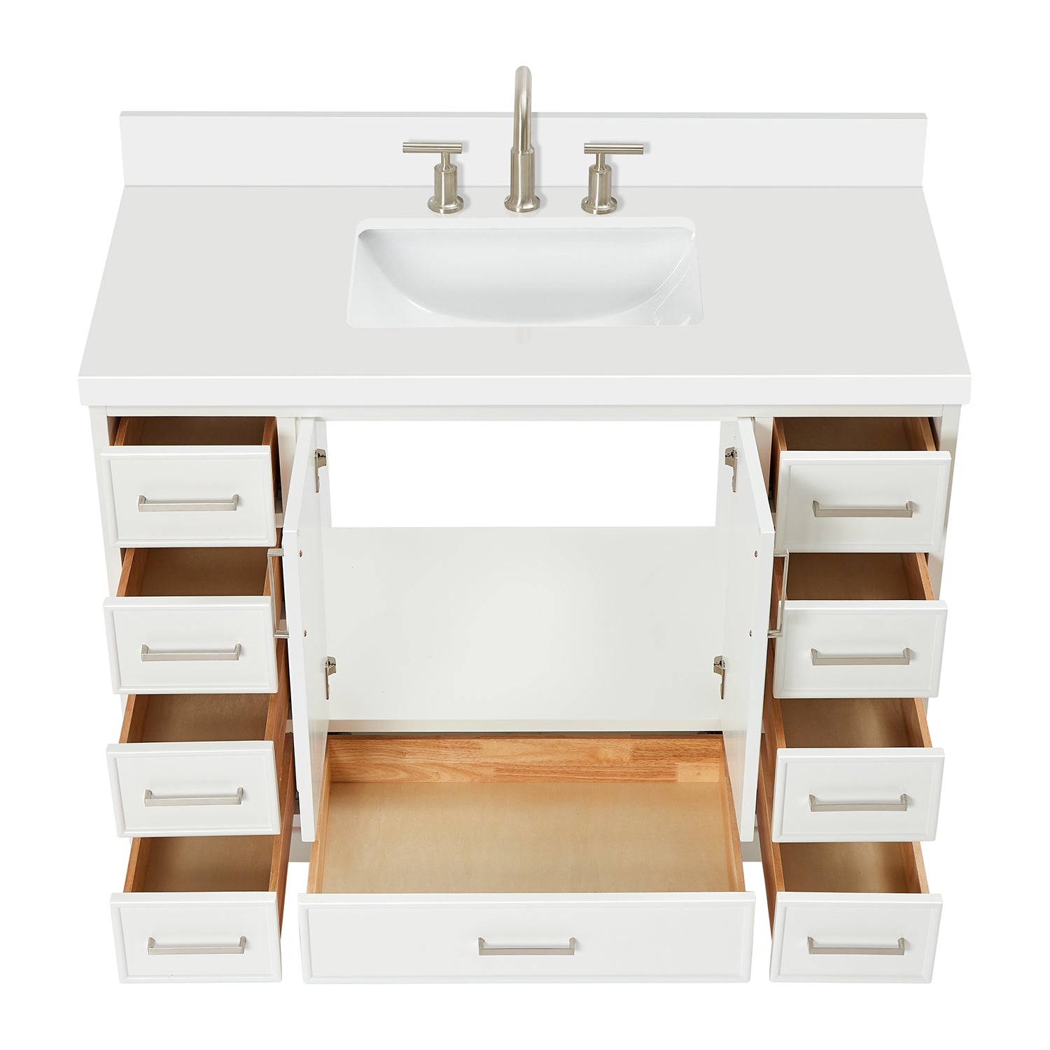 Langford 48-inch White bathroom vanity on white back ground front view open door