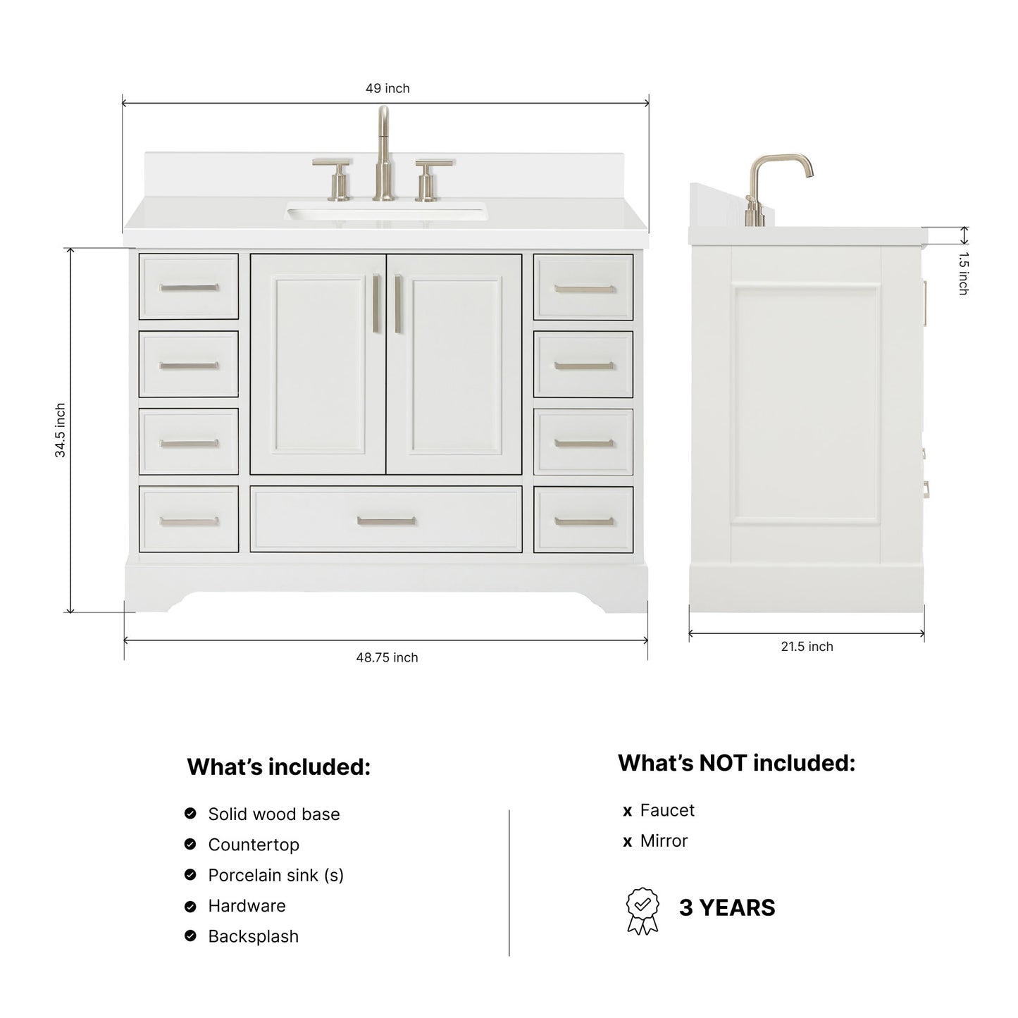 Langford 48-inch White bathroom vanity on dimensions