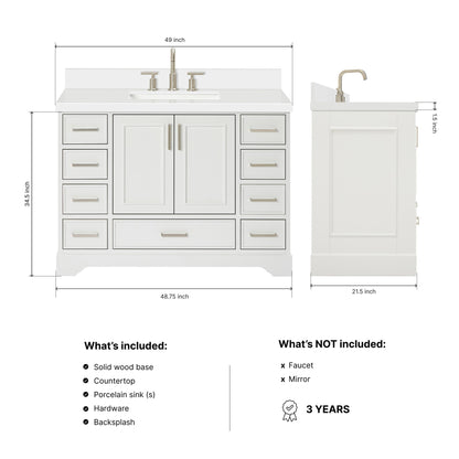 Langford 48-inch White bathroom vanity on dimensions