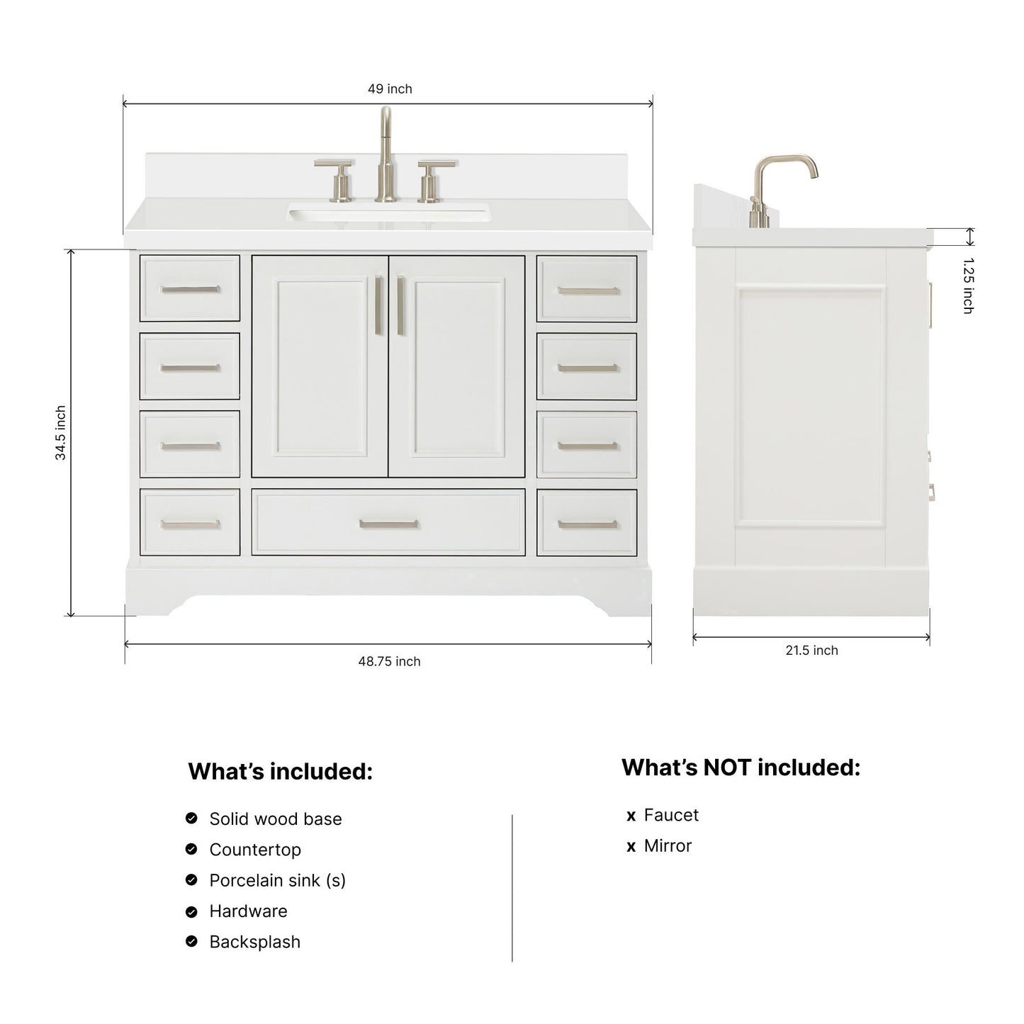 Langford 48-inch White bathroom vanity on dimensions