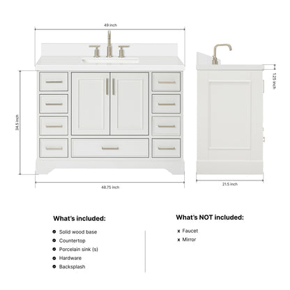 Langford 48-inch White bathroom vanity on dimensions