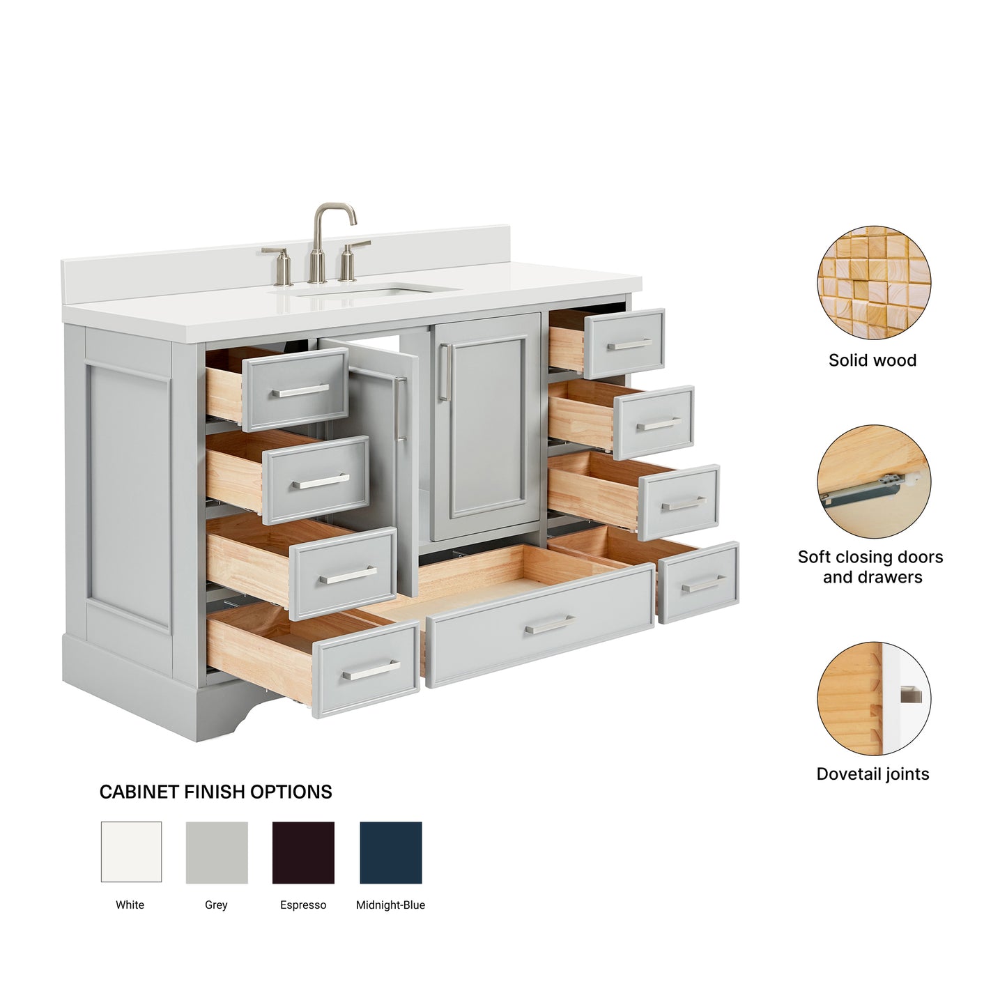 Langford 54-inch Grey bathroom vanity on feature highlights: solid wood frame, soft-close doors and drawers, Sherwin-Williams paint finish