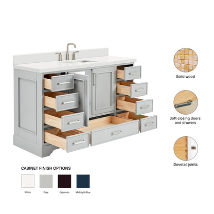 Langford 54-inch Grey bathroom vanity on feature highlights: solid wood frame, soft-close doors and drawers, Sherwin-Williams paint finish