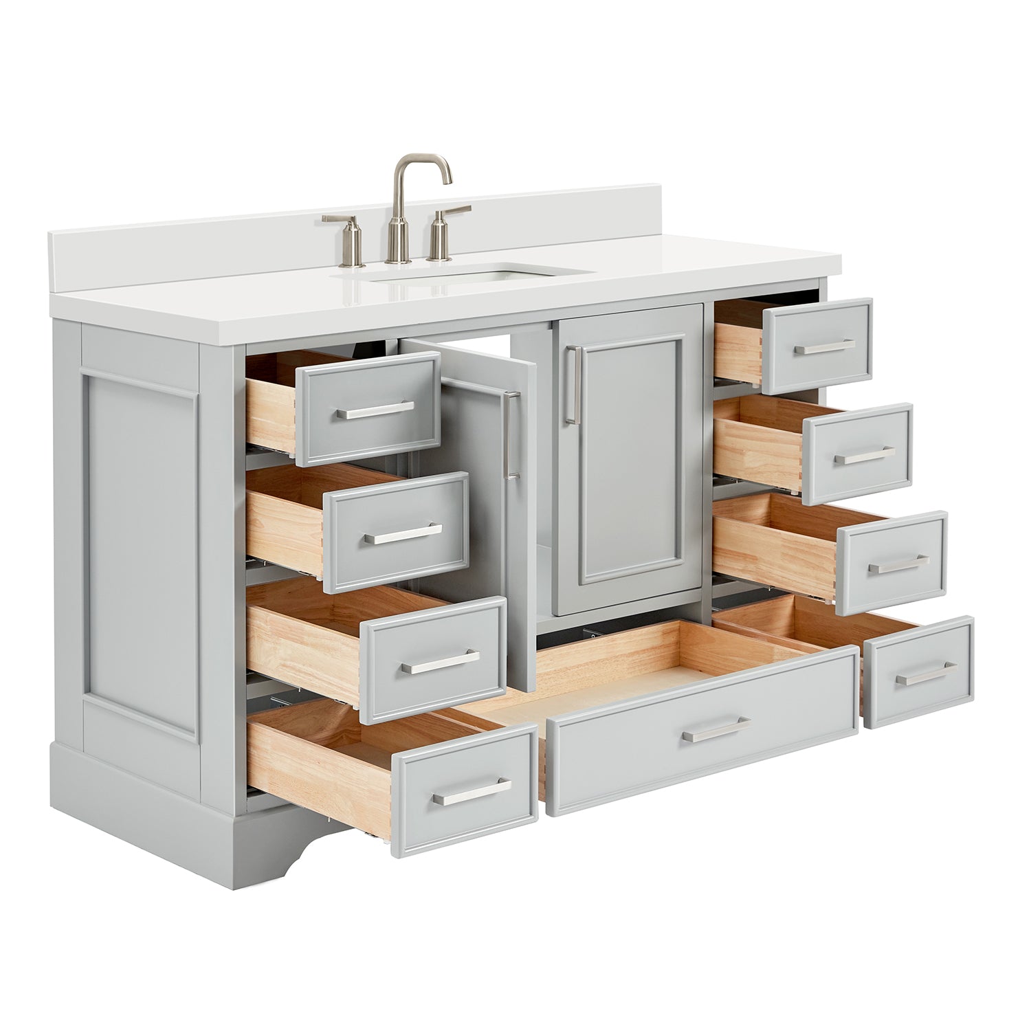 Langford 54-inch Grey bathroom vanity on white back ground side view open door
