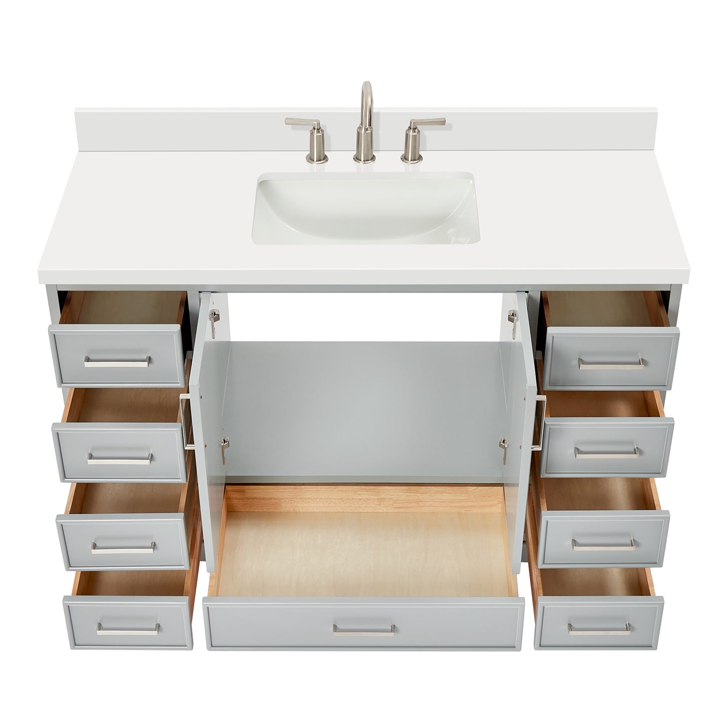 Langford 54-inch Grey bathroom vanity on white back ground front view open door