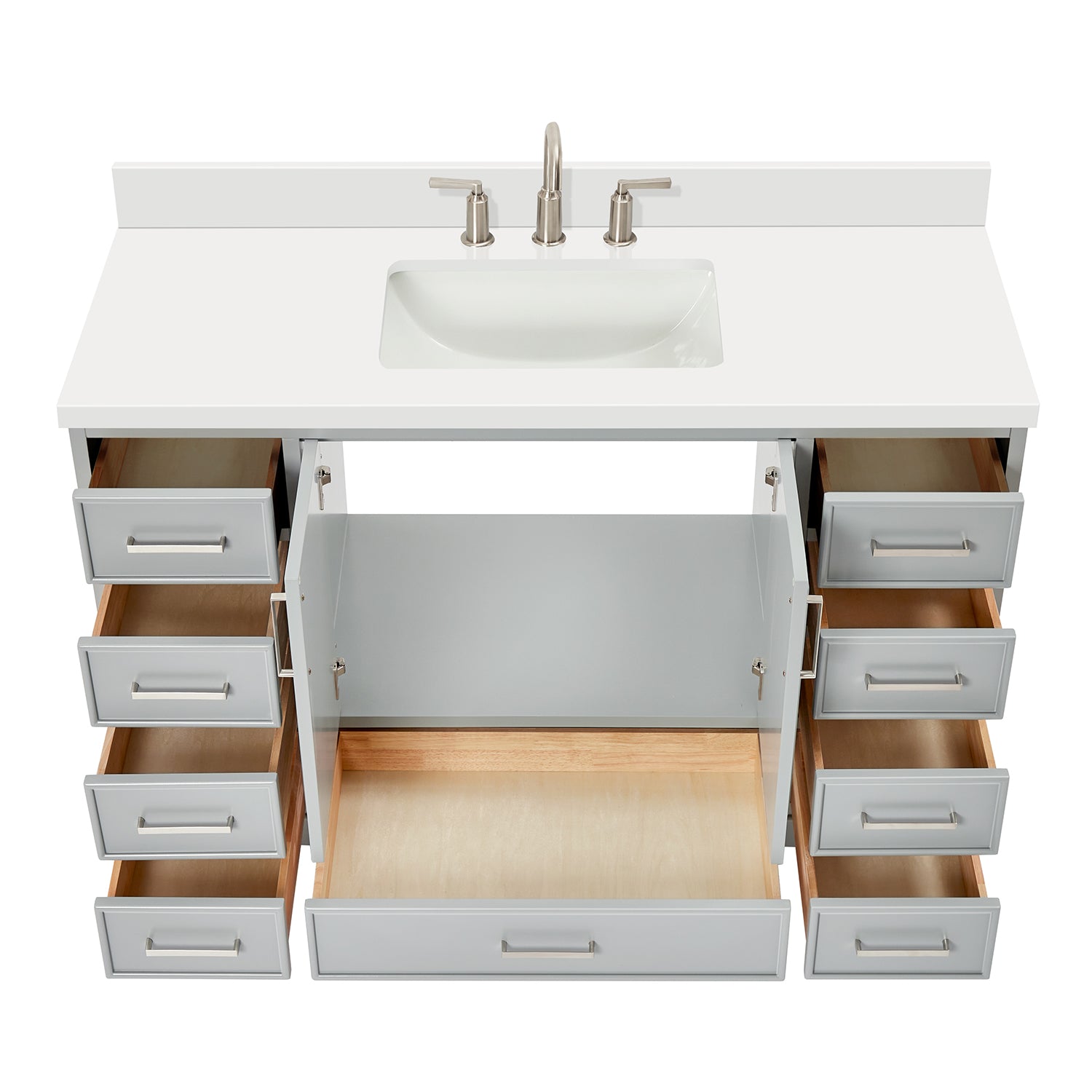 Langford 54-inch Grey bathroom vanity on white back ground front view open door