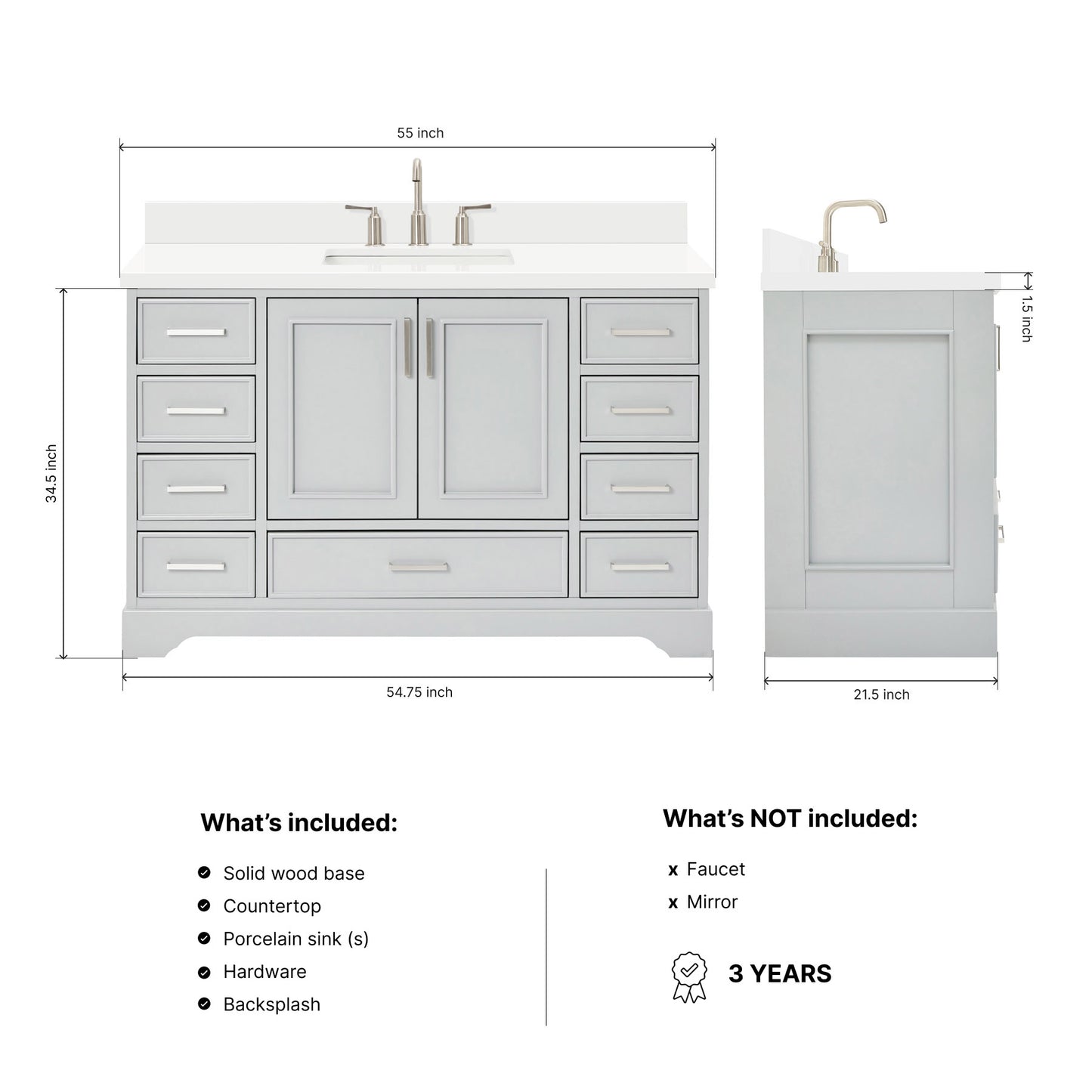 Langford 54-inch Grey bathroom vanity on dimensions