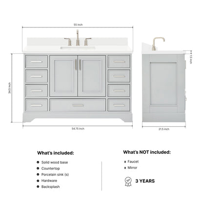 Langford 54-inch Grey bathroom vanity on dimensions