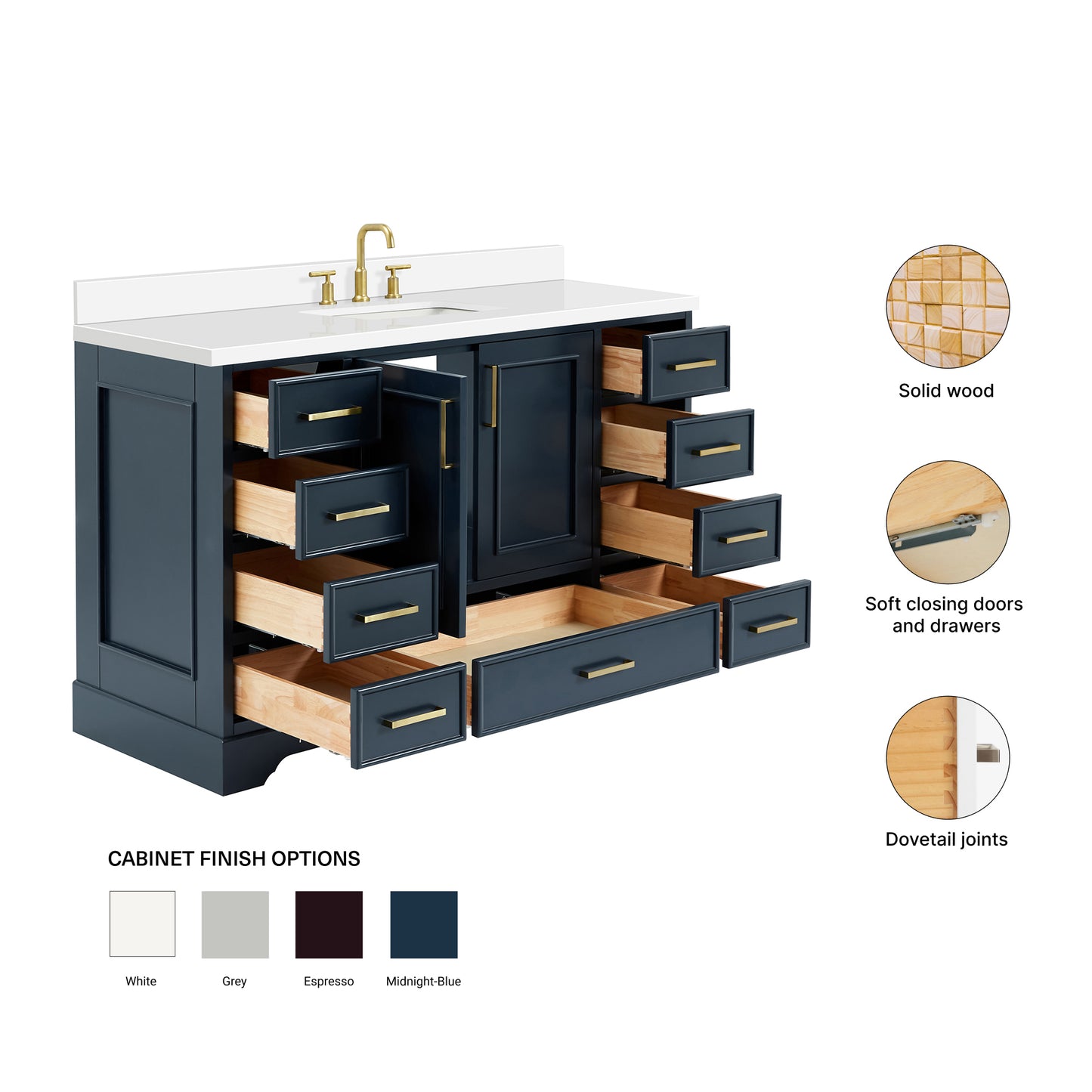 Langford 54-inch Midnight Blue bathroom vanity on feature highlights: solid wood frame, soft-close doors and drawers, Sherwin-Williams paint finish