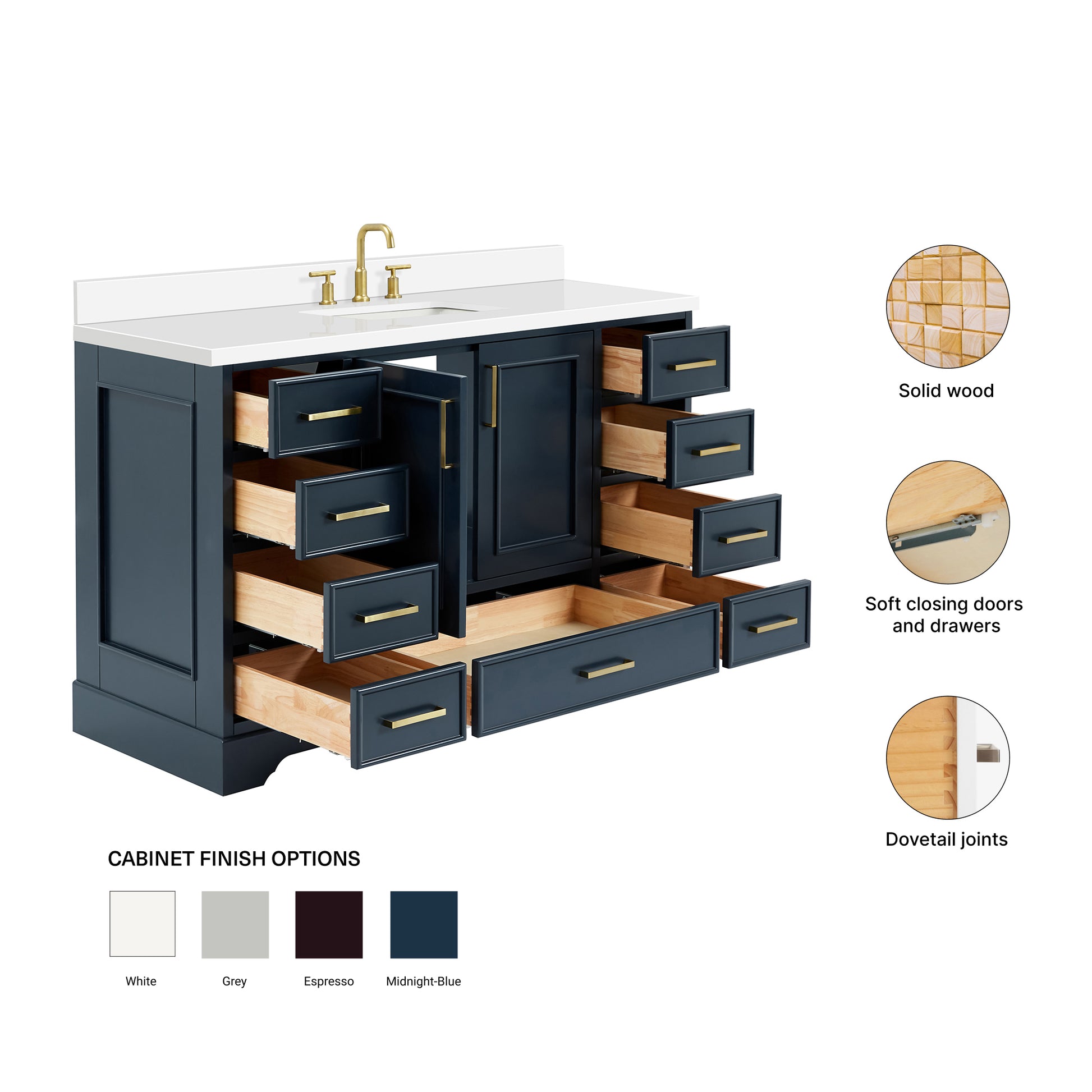 Langford 54-inch Midnight Blue bathroom vanity on feature highlights: solid wood frame, soft-close doors and drawers, Sherwin-Williams paint finish