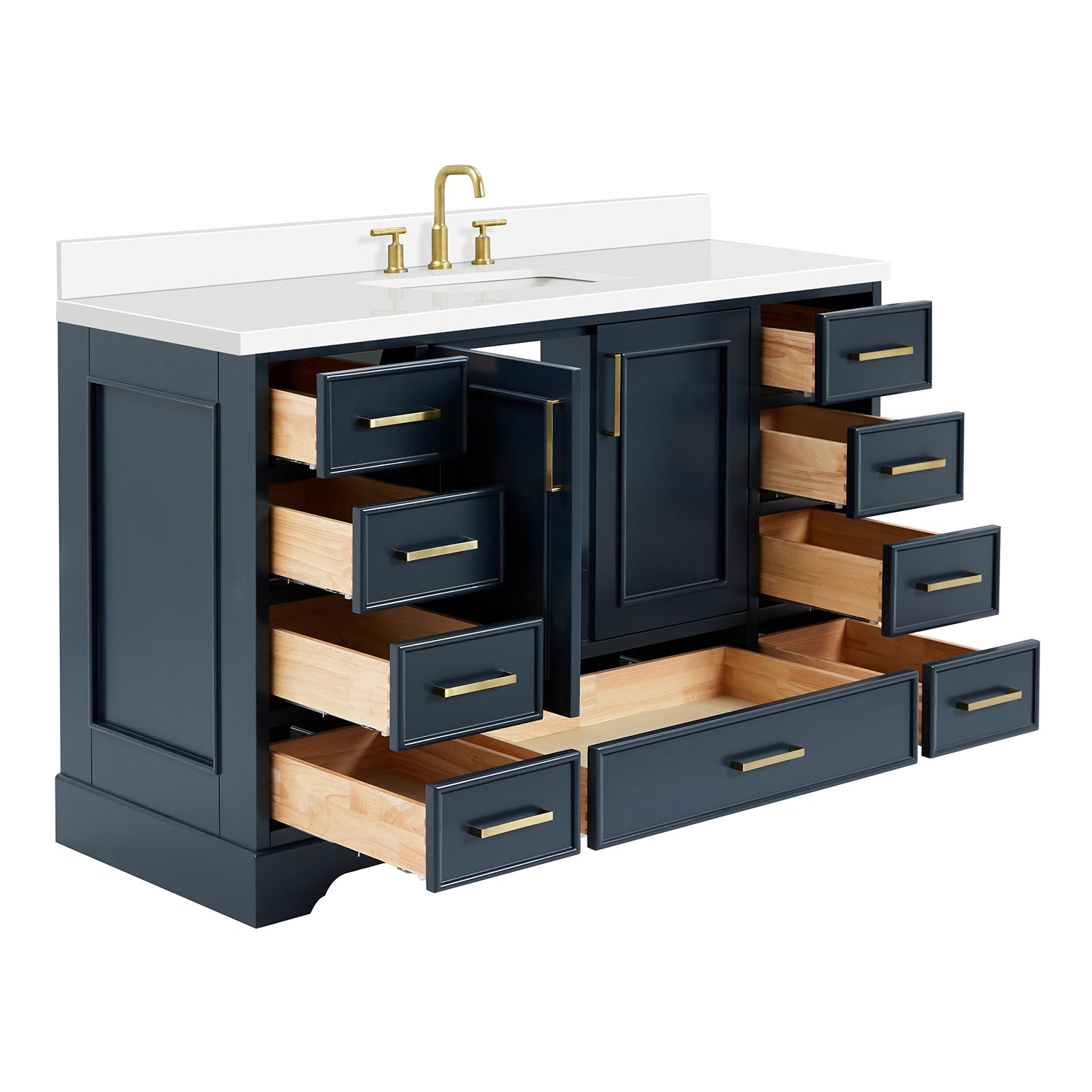 Langford 54-inch Midnight Blue bathroom vanity on white back ground side view open door