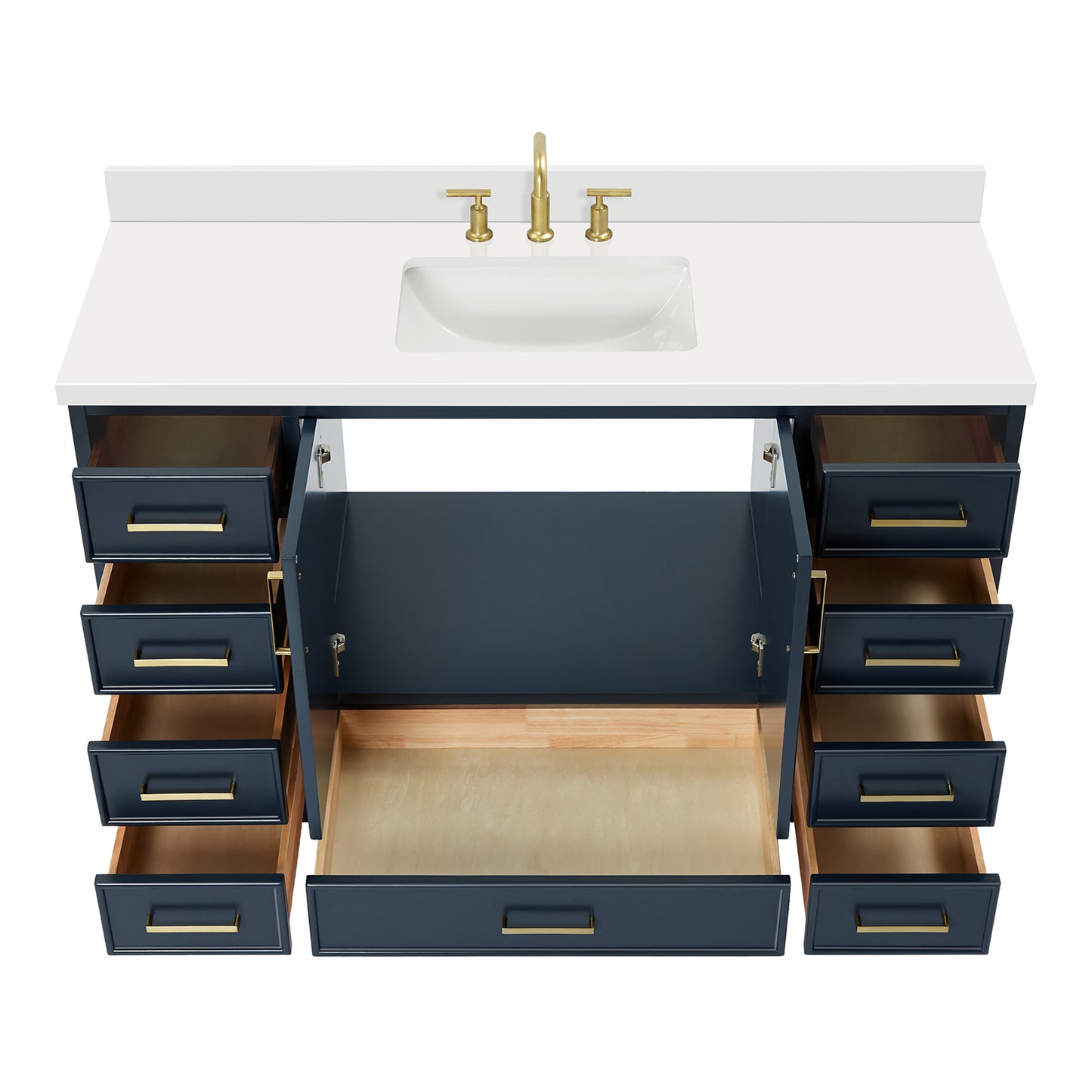 Langford 54-inch Midnight Blue bathroom vanity on white back ground front view open door