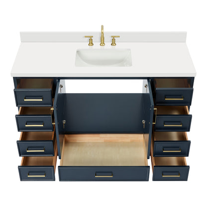 Langford 54-inch Midnight Blue bathroom vanity on white back ground front view open door